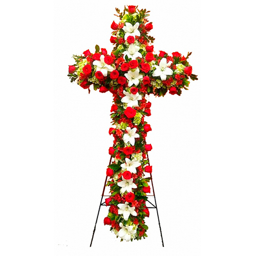 Cruz Fúnebre de rosas rojas, lilium blancos y astromelias