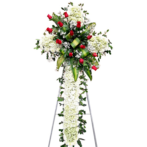 Cruz Fúnebre blanco con rosas rojas